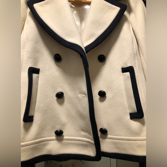J. Crew Nello Gori Tipped Trim 100% Wool Off White & Black Pea Coat EUC 2 - Picture 12 of 16